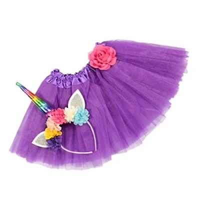 Image of Nishine Tutu Skirt Dress + Unicorn Horn Headband Set Kids Birthday Photo Props Outfit Purple