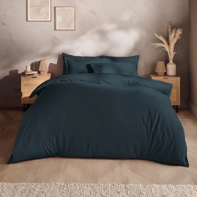 Image of Silentnight Washed Cotton Rich Duvet Set Soft &amp; Comfortable Touch Luxurious Oxford Edge Border with Button Fastening Stylish Linen Look Quilt Cover + Pillowcase Bed Set, Double, Navy Indigo