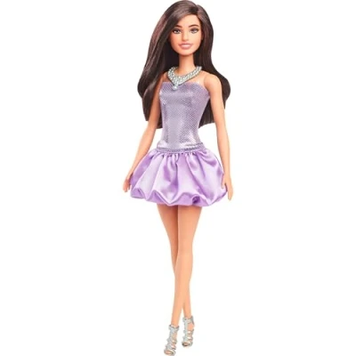 Image of Barbie Fashionistas Doll #234 with Brown Hair, Wearing Sequined Purple Bubble Dress Satiny Skirt, Silvery Necklace and Heels, HYT92