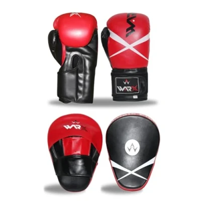 Image of WARX Boxing Gloves and Pads set Focus Punch Mitts MMA Training Sparring Hook Jab strike target with Punching (Red, 8oz)