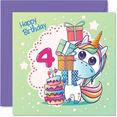 Image of 4th Birthday Card Girl Magical Unicorn Cake for 4 Year Old Girl, Age Girls Cards, 145mm x Cute Four Fourth Greeting