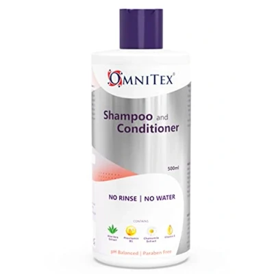 Image of Omnitex Rinse Free Shampoo &amp; Conditioner 500ml with Herbal Extracts Vitamins No Water Clean, Nourish Protect Parabens, Latex Free, Alcohol Dermatologically Tested