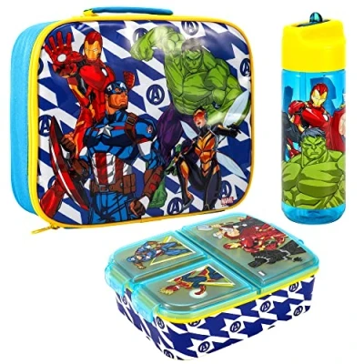 Image of Zawadi Global Avengers Kids Childrens Lunch Box Set Insulated Bag, Multicompartment &amp; 540ml Water Bottle School Travel Food Set, BPA Free