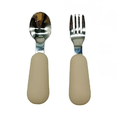 Image of Baby Fork &amp; Spoon Set Easy Grip For Toddler Children Silicone Stainless Steel Self Feeding Learning Utensils Anti slip Cutlery Dishwasher Safe Portable &amp;&amp;