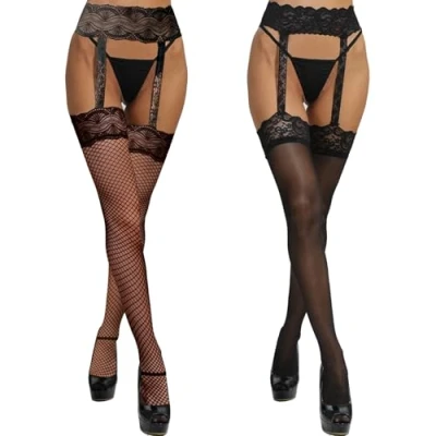 Image of LFWZRY 2 Pairs Women Suspender Tights, High Waisted Garter Belt Fishnet Stockings Thigh, Floral Lace Patterned Thigh Stretchy Sexy for Girls