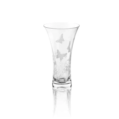 Image of DIAMANTE &#039;Butterfly&#039; Vase Hand Etched Butterfly Wild Flowers Floral Botanical Pattern Hollow Sided Trumpet 21cm