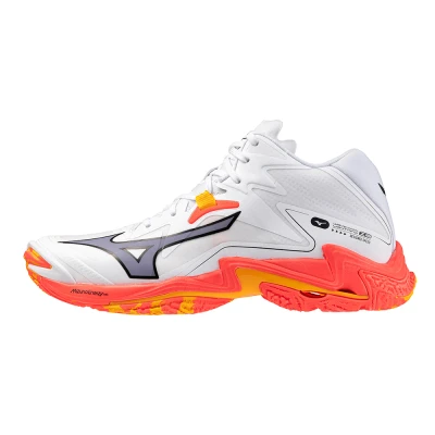 Image of Mizuno WAVE LIGHTNING Z8 MID Volleyball Shoes White/Fiery Coral 2/Citrus Women/Men Size 7,5