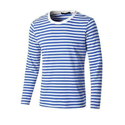 Image of sourcing map Men&#039;s Striped T Shirt Crew Neck Long Sleeve Casual Cotton Pullover Tee Top Blue and White XL