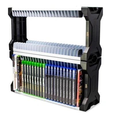 Image of ADZ Universal Game Holder 46 Storage Tower Rack for PS2 PS3 PS4 PS5 PSP Xbox 360 One Series X Wii Switch Games DVD and Blu Ray Disks. Includes 2 Controller Mounts