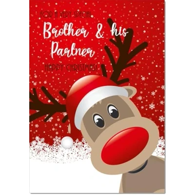 Image of doodlecards Brother and Partner Christmas Card Rudolph in Snow Medium Size for &amp; with Plain Envelope