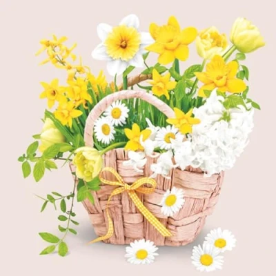 Image of Maki 3 Ply Flowery Tissue Paper Napkins Serviettes for Decoupage Lunch 33cm x 1/4 Folded (Pack of 20) (Spring Flowers Basket)