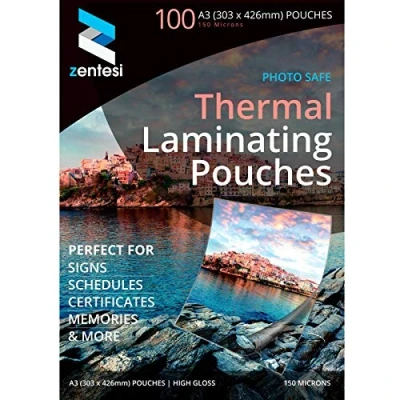 Image of Zentesi A3 Laminating Pouches High Gloss Laminator Sheets 150 Micron (75 + 75 Microns) Glossy Laminate Pouch Sleeves Pack of 100