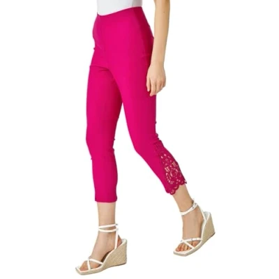 Image of Roman Originals Lace Cropped Trousers for Women UK Ladies Three Quarter Pants 3/4 Length Lacey Trim Stretch High Waisted Bengaline Smart Office Work Going Out Party Leggings Cerise Size 18