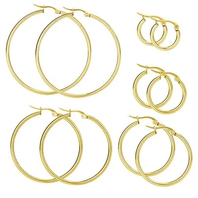 Image of Elicola 5 Pairs Stainless Steel Hypoallergenic Large Hoop Earring Sets for Women Girl Gold