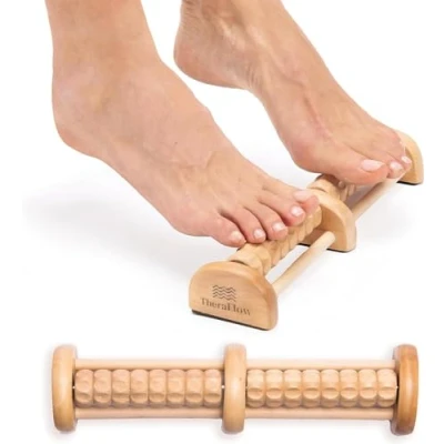 Image of TheraFlow Foot Massage Roller Plantar Fasciitis &amp; Stress Relief, Reflexology Massager for Diabetic Neuropathy Relieves Pain Through Acupressure, Relaxation Gift Women Dual, Wooden