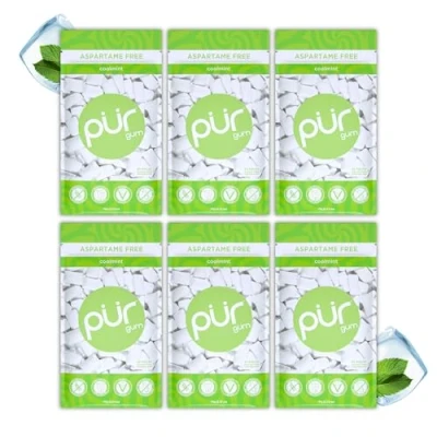 Image of PUR Gum Sugar Free Chewing Made with Xylitol Vegan, Aspartame Free, Gluten and Keto Friendly Natural Coolmint Flavoured Gum, 55 Pieces (Pack of 6)