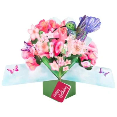 Image of Pop Up Hummingbird &amp; Flowers Happy Birthday Card 3D Greeting Cards POP223V20