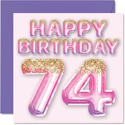 Image of 74th Birthday Card for Women Pink &amp; Purple Glitter Balloons Happy Cards 74 Year Old Woman Mum Great Nanny Grandma Gran, 145mm x Seventy Four Fourth Greeting Gift