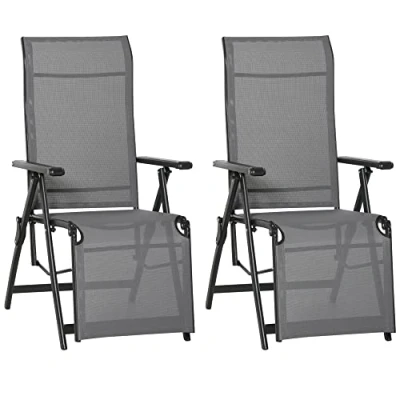Image of Outsunny Set of 2 Outdoor Sun Lounger 10 Position Adjustable Texteline Folding Reclining Chairs with Footrest for Patio Garden, Grey
