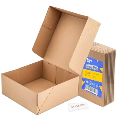 Image of Packaging Hero 8&quot; x 3&quot; Corrugated Cardboard Mailing boxes, shipping gift e commerce boxes with free clear round stickers (Pack of 10)