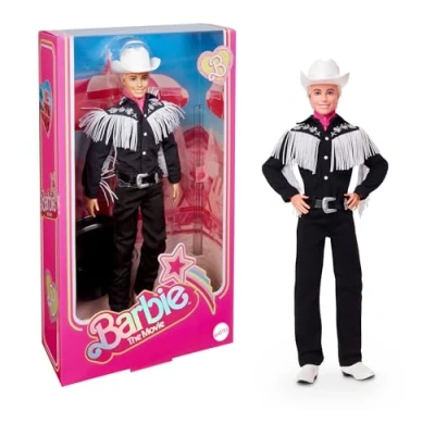 Image of Barbie THE MOVIE, Ken Doll wearing Black and White Western Outfit, with Pink bandana tied at his neck, HRF30