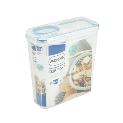 Image of Addis Clip Tight Cereal Food Storage Container 3.7 Litre Tall Rectangle With Easy Pour Lid and Locking Clips, Airtight Bpa Free, Clear Transparent
