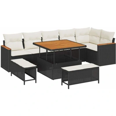 Image of vidaXL 9 Piece Garden Sofa Set with Cushions Black Poly Rattan Acacia