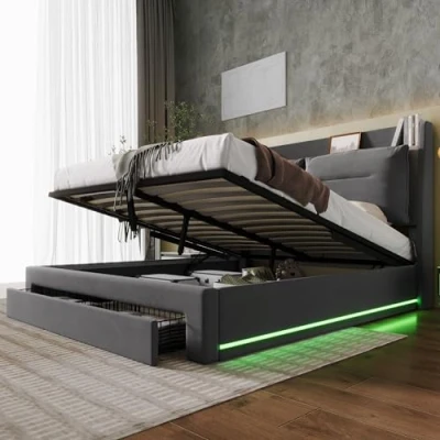 Image of Merax Upholstered Hydraulic Lift, Frame with Slats, Headboard and Large Storage Space, Functional Ottoman Bed, Elegant Finish, Style 02 Velvet Dark Grey 5ft, 150x200cm
