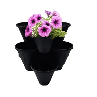 Image of Shop4allsorts Set Of 3 Black Strawberry Trio Planters Stackable Plastic Patio Herb Planter Flower Pots