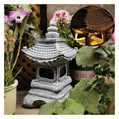 Image of Uziqueif LED Outdoor Japanese Pagoda Lantern Garden Ornament Lantern,Solar Lantern,Japanese Style Solar Lamp Light,Gray