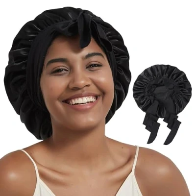 Image of Hat Hut Satin Bonnet Silk for Sleeping Cap Curly Hair Women Double Layer Reversible with Tie Band (Black)