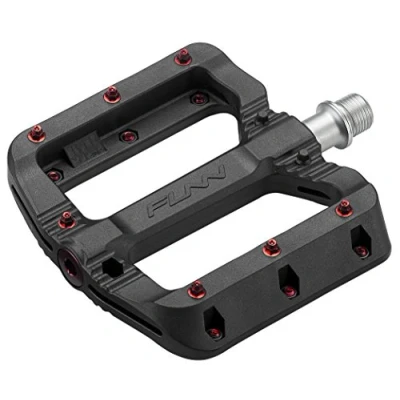 Image of Funn Black Magic Plastic Flat Mountain Bike Pedal Set Lightweight Wide Platform Bicycle Pedals for Stability, 9/16 inch CrMo Axle MTB/BMX/Urban/Gravel Riding (Red Pins)