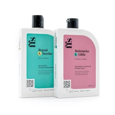 Image of FFS Beauty Moisturise &amp; Glide Shave Cream + Repair Soothe Body 150ml Bundle, After Balm Shaving with Calming Witch Hazel. Soothing Shea Butter