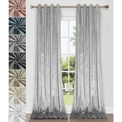 Image of Home Direct Pair of Crushed Velvet Curtains, Eyelet Ring Top, Unlined, Silver Light grey, 2 panels, 140cm x 240cm 55&quot; 94&quot;