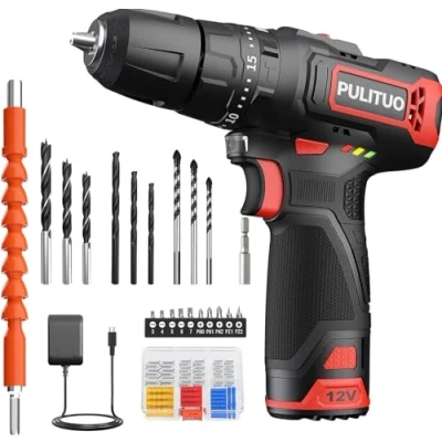 Image of PULITUO 12V Cordless Drill Driver, Power Impact 35Nm, 50Pcs Electric 21+3 Torque, Screwdriver 3/8&quot; Chuck, 2 Speed 1.5Ah Battery, LED Light for Cement, Concrete, Ceiling, Brick, Wall