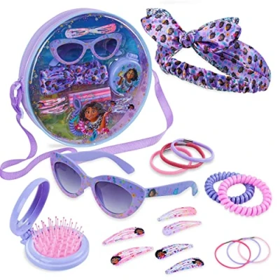 Image of Disney Girls Handbag, Shoulder Bag with Hair Accessories and Sunglasses Gifts for (Purple/Pink Encanto)