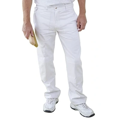 Image of Fit for The Job 100% Cotton Drill Multi Pocket White Painter&#039;s Decorator&#039;s Trousers Cargo Pants with Knee Pad Pockets &amp; Mobile Phone Pocket, Soft Comfortable Working 42&quot; waist
