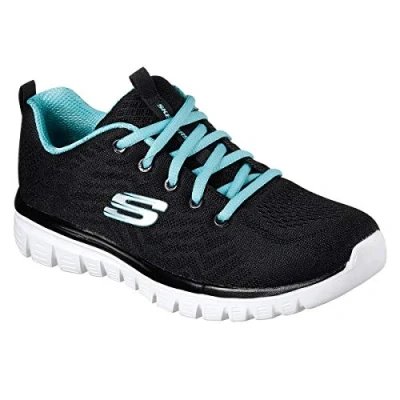 Image of Skechers Women&#039;s Graceful Get Connected Sneaker, Black Mesh Turquoise Trim, 5.5 UK