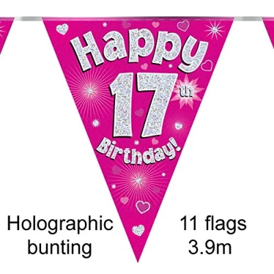Image of Party Bunting Happy 17th Birthday Pink Holographic 11 flags 3.9m