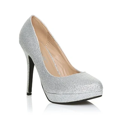 Image of Womens High Heel Platform Party Work Smart Office Courts Shoes Ladies Round Toe Prom Wedding Bridal Occasion Heeled Classic Court Stiletto Heels Pumps Silver Glitter