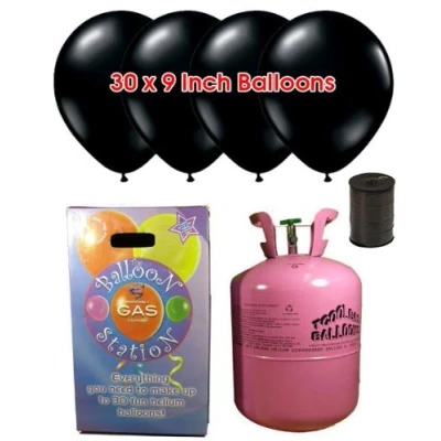 Image of Disposable Helium Gas Cylinder with 30 Balloons and Curling Ribbon included (Black, Single)