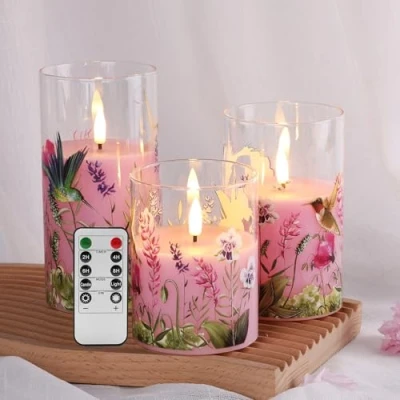 Image of Eywamage Pink Hummingbird Glass Flameless Candles with Remote, Flickering Floral LED Pillar Φ 3&quot; H 4&quot; 5&quot; 6&quot;