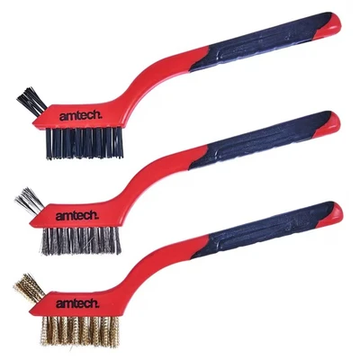 Image of Amtech S3535 Brush Set for Intricate Cleaning, 3 Piece Includes Nylon, Brass and Steel Brushes, Each with 2 in 1 Mini Head