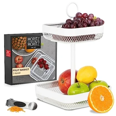 Image of Moritz &amp; Tiered Fruit Basket white Metal 21x21x35,5cm Modern Bowl large Etagere in for keeping fruit, vegetables and bread