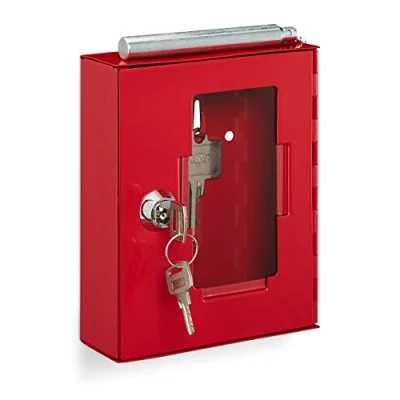 Image of Relaxdays Emergency Key Box, with Glass Pane &amp; Hammer, Lockable, Metal, Household, Practical, Helpful, Red, Iron, 15 x 12 4 cm