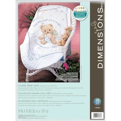 Image of Dimensions Stamped Cross Stitch Kit Cuddly Bear Quilt 13065 Arts and Crafts for Adults Printed Fabric 34 x 42 inch