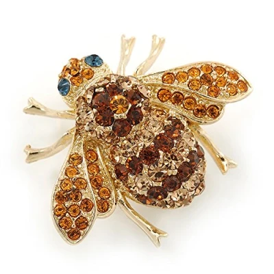 Image of Avalaya Amber/Light Topaz Austrian Crystal &#039;Bee&#039; Brooch in Gold Tone Plating 30mm