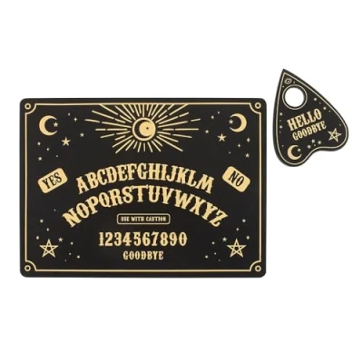 Image of Celestial Black &amp; Gold Placemat and Coaster Set Mystical Talking Board Design for Dining, Durable Easy to Clean, Ideal Dinner Parties Alternative Tablescapes