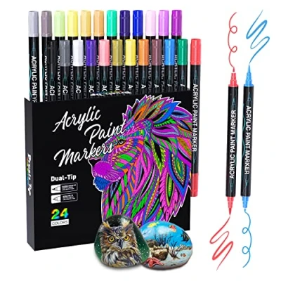 Image of Sonlaryin Acrylic Paint Pens, 24 Colours Dual Tip Markers for Rock Painting, Stone, Ceramic, Glass, Wood, Fabric, Canvas, Porcelain, Pens Christmas Easter Egg Pumpkin