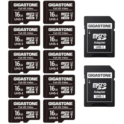Image of Gigastone Micro SD Card 16GB 10 Pack with 2x Adapter + 4x Mini case, FHD Video, Surveillance Security Cam Action Camera Drone, 85MB/s SDXC UHS I U1 Class